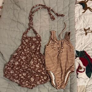 Rylee and Cru: Brown Floral Romper and Striped One Bathing Suit (12-18months)